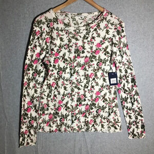 Womens NWT Lucky Brand Blouse Ditsy Floral Print White Lettuce Trim Hem Feminine